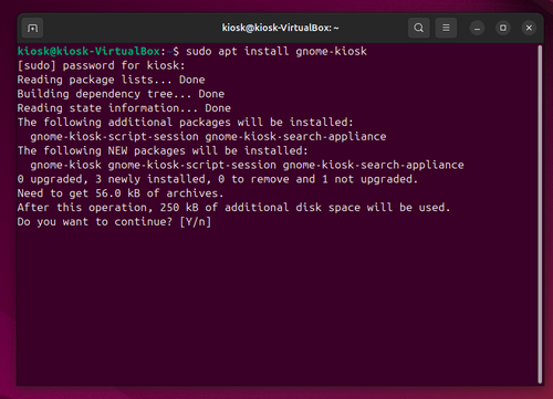 Terminal windows showing installing gnome kiosk